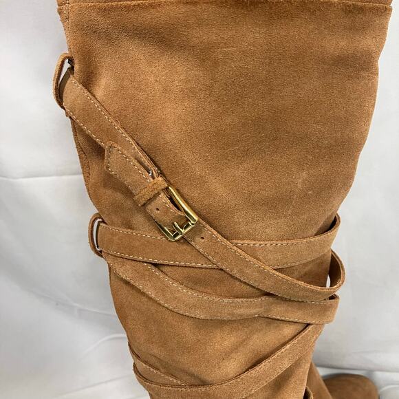 Sam Edelman Tan Suede OTK Boots 7 Leather Heel Wrap Strap Tall Zip Buckle - Picture 9 of 16